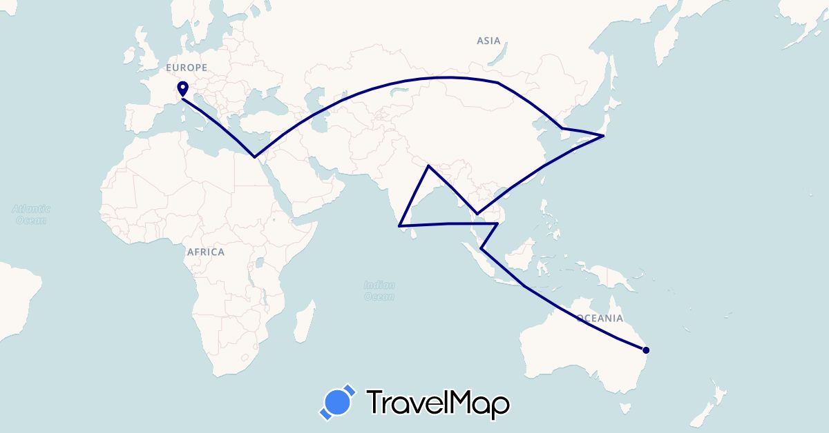 TravelMap itinerary: driving in Australia, Egypt, Indonesia, India, Italy, Japan, South Korea, Mongolia, Malaysia, Nepal, Thailand, Vietnam (Africa, Asia, Europe, Oceania)